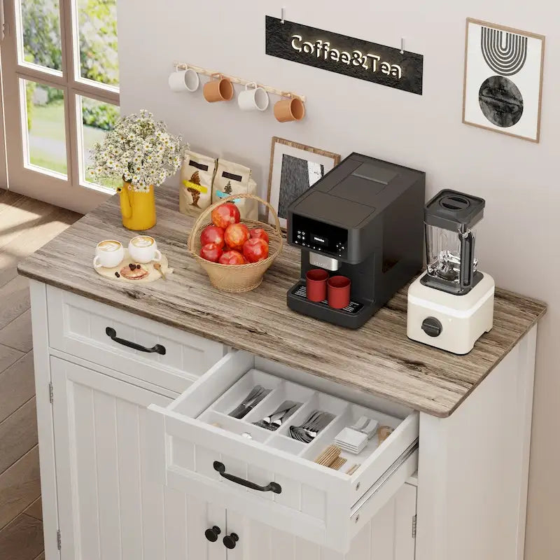 Buffet de rangement de cuisine avec 2 tiroirs, meuble de bar à café, armoire d'entrée en bois avec double porte placard