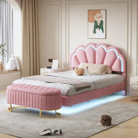 Ensembles de chambre à coucher 2 pièces – Lit plateforme double avec LED et pouf de rangement