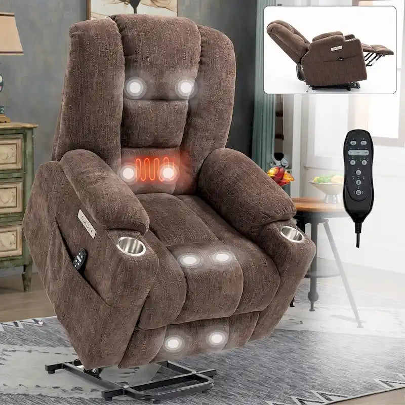 Fauteuil releveur électrique avec massage et chauffage, fauteuils inclinables larges rembourrés Lazy Boy avec USB, ports Type C et 2 porte-gobelets en acier