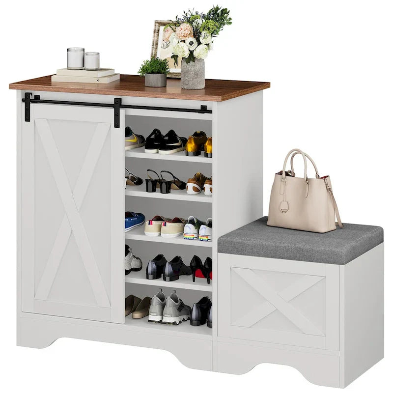 Meuble à chaussures farmhouse avec porte coulissante, banc à chaussures, meuble de rangement à 5 niveaux avec étagères réglables pour 20 paires