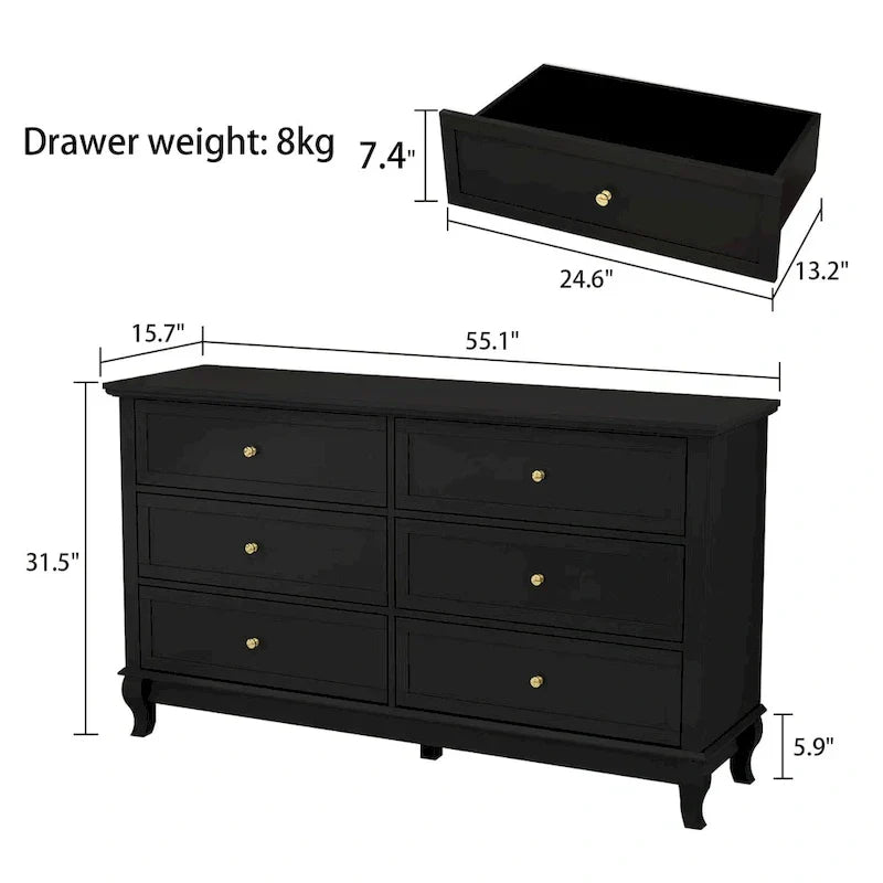 Commode de chambre à coucher en bois à 6 tiroirs profonds