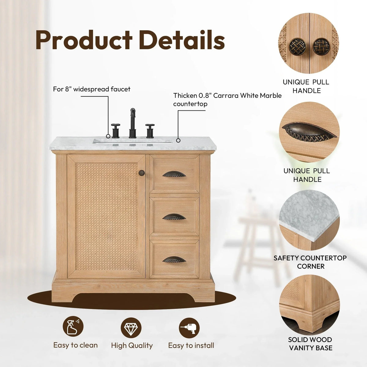 Hervas Meuble-lavabo avec dessus en marbre naturel sans miroir
