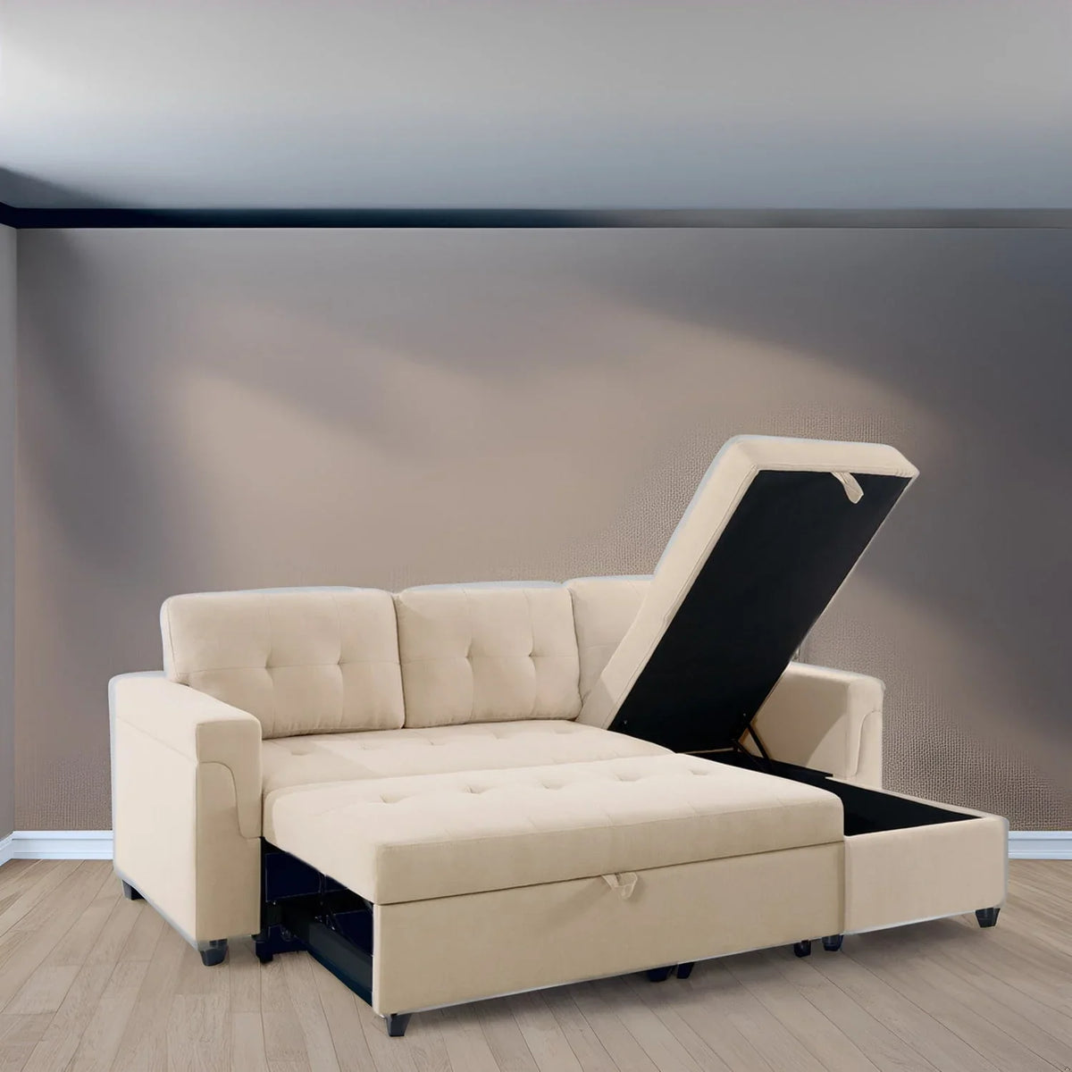 Canapé sectionnel convertible réversible avec lit escamotable, méridienne de rangement dissimulée et pieds durables