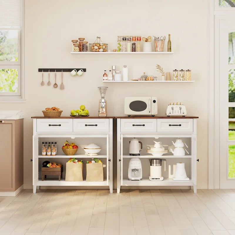 Buffet de rangement de cuisine avec 2 tiroirs, meuble de bar à café, armoire d'entrée en bois avec double porte placard