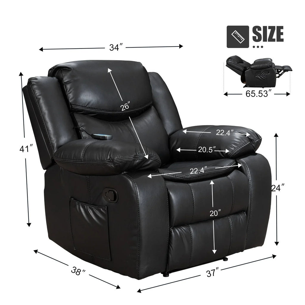 Fauteuil inclinable de massage et chaleur en cuir durable à assise large