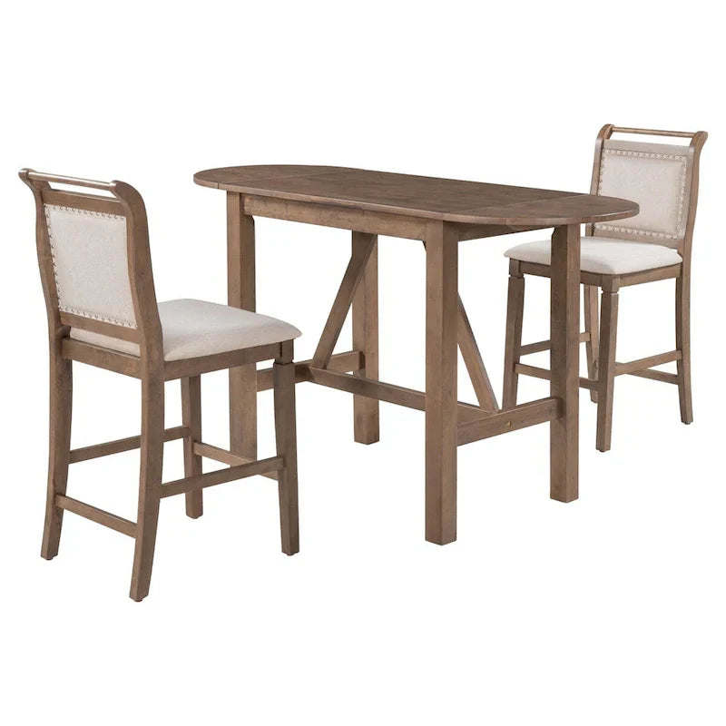 Ensemble de salle à manger 3 pièces en bois à hauteur de comptoir avec rallonge pliable