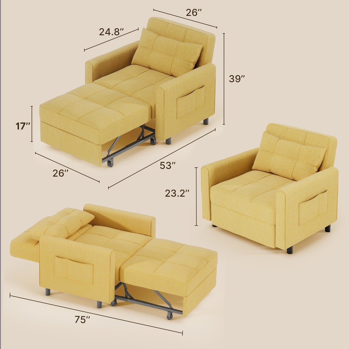 Canapé-lit réglable 3 en 1, fauteuil-canapé escamotable, lit pliant convertible pour salon