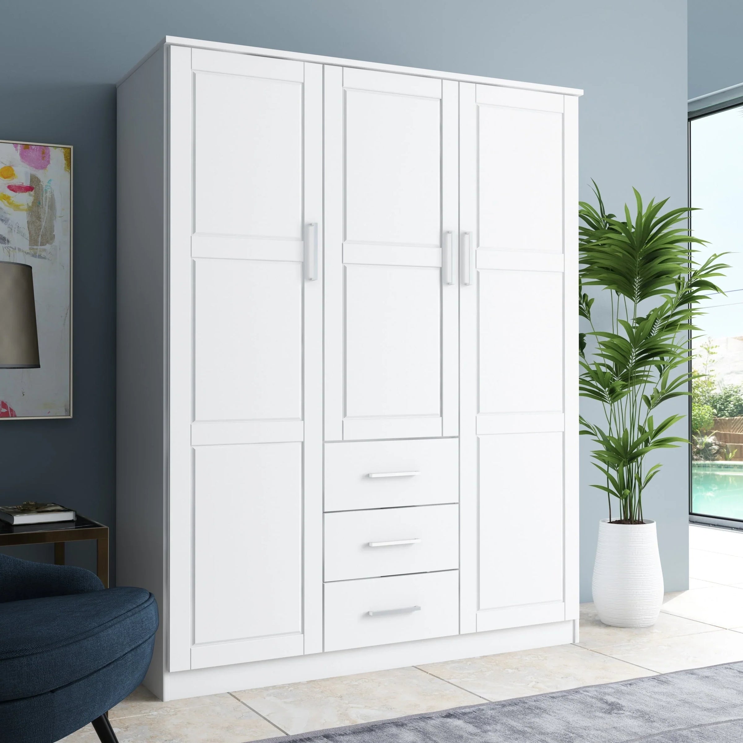 Palace Imports Armoire-penderie Cosmo 3 portes 100% bois massif avec portes en bois massif ou miroir