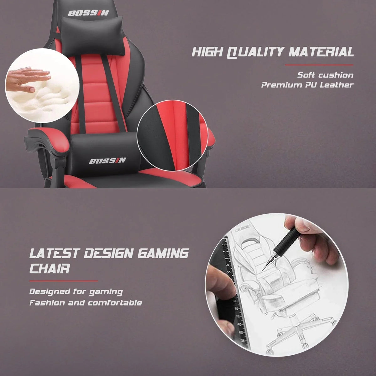 BOSSIN Chaise de gaming style racing, chaise de gamer grande et haute 300 lb à dossier haut chaise informatique