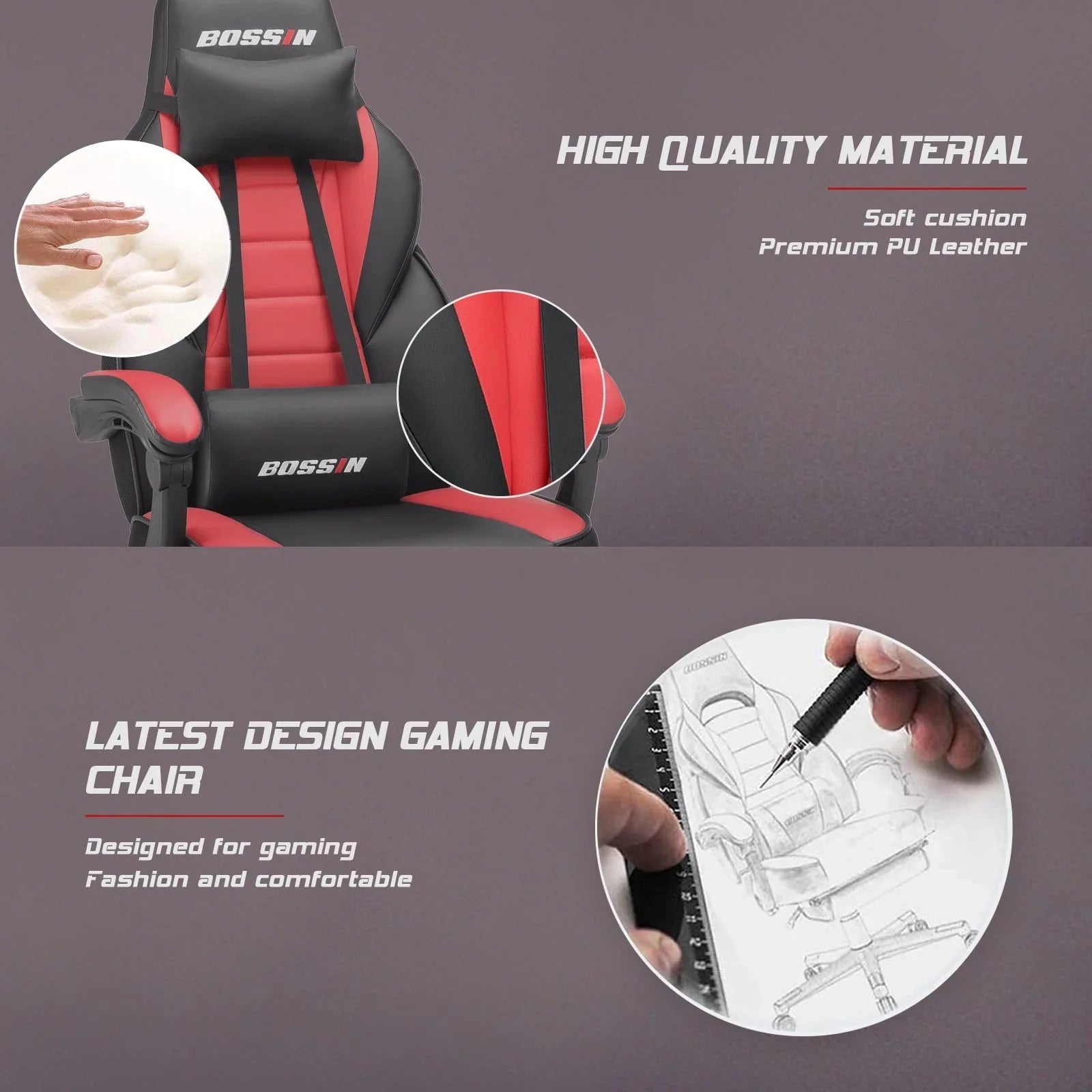BOSSIN Chaise de gaming style racing, chaise de gamer grande et haute 300 lb à dossier haut chaise informatique