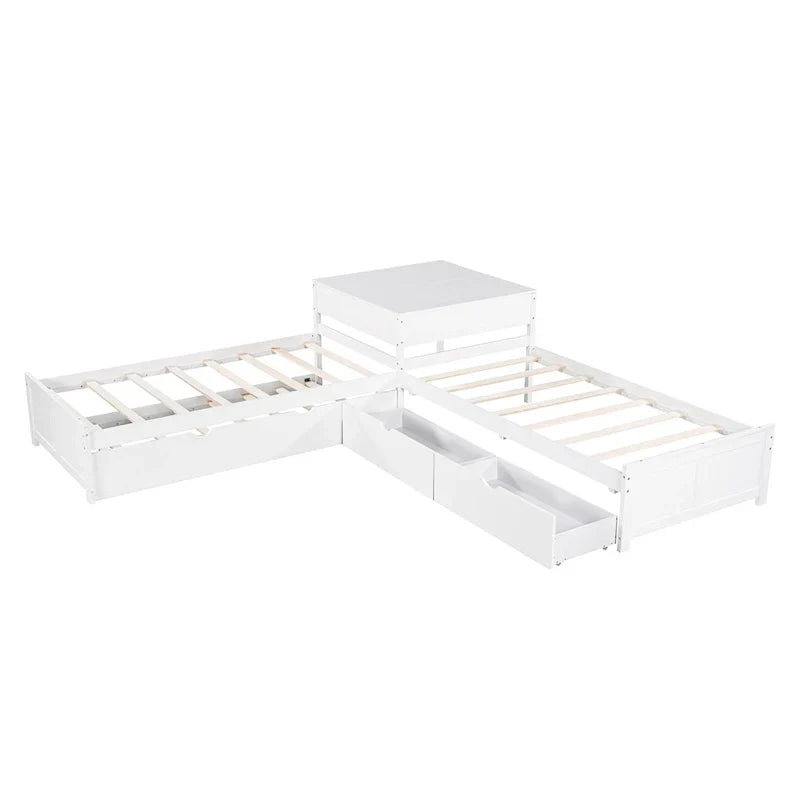 Lit plateforme en L moderne blanc de taille double avec lit gigogne et tiroirs pour chambre à coucher