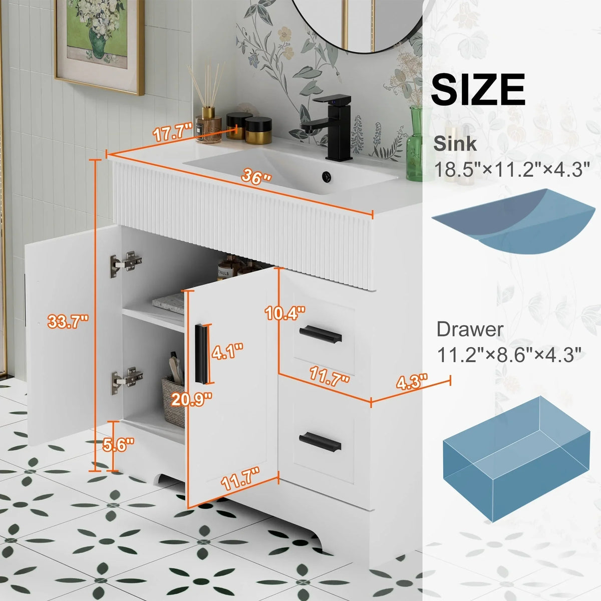 Wavy Line Ensemble meuble-lavabo de salle de bain 30/36/48 avec vasque & robinet