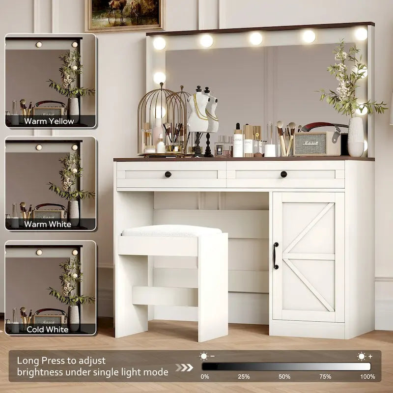 Roomfitters Coiffeuse de maquillage fermette avec éclairage, bureau coiffeuse avec porte de grange, table de maquillage 2 tiroirs avec miroir éclairé