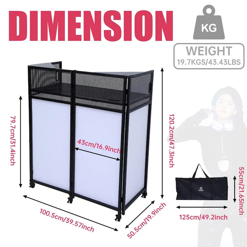 Ensemble de table de cabine DJ portable avec éclairage intégré, étui de transport robuste et dimensions compactes 40x20 pouces