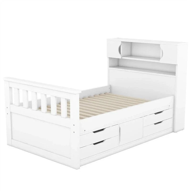 Lit plateforme capitaine double/grand avec 4 tiroirs et étagères de rangement, cadre de lit en bois massif avec tête de lit bibliothèque de rangement