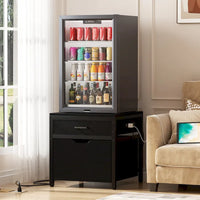 Meuble de support pour mini-réfrigérateur avec station de charge, table d'appoint avec tiroirs de rangement et meuble à roulettes