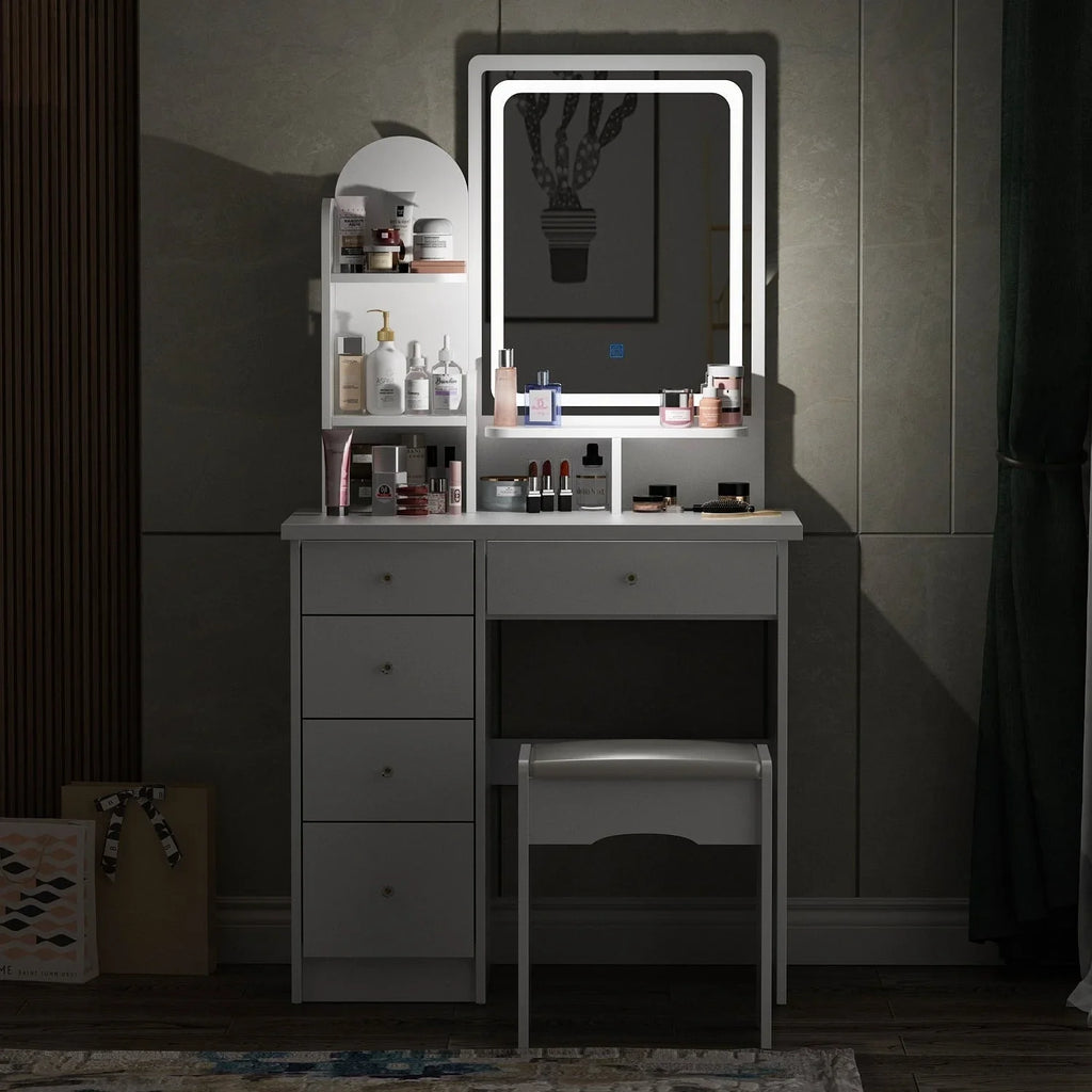Ensemble coiffeuse table de maquillage avec lumière LED & miroir & tabouret