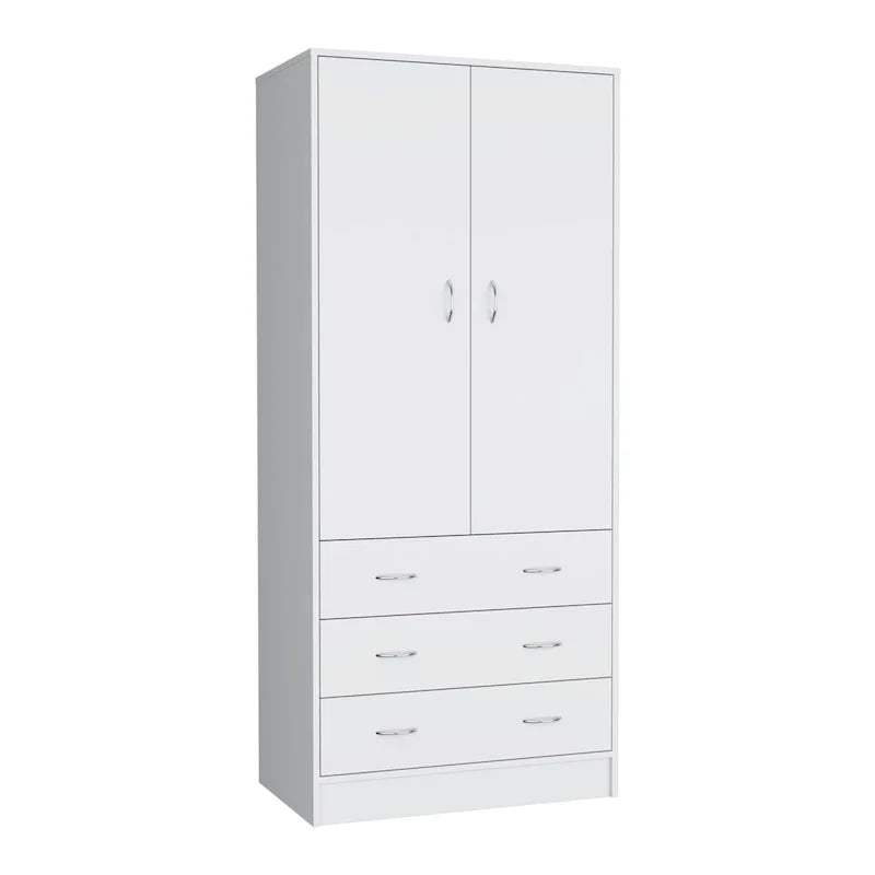 19 Armoire moderne à deux portes avec 3 tiroirs et 1 tringle de penderie pour chambre à coucher