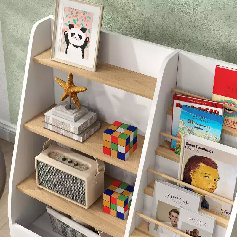 Qaba Bibliothèque et organiseur de rangement de jouets 4 niveaux pour enfants avec porte-livres, pour salon, chambre d'enfant, salle de jeux, chambre, garderie, étude, bibliothèque, salle de classe