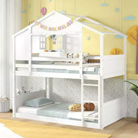 Lit superposé Costway pour enfants, avec toit, fenêtre verrouillable, boîte de rangement et lattes en bois
