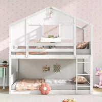 Lit superposé Costway pour enfants, avec toit, fenêtre verrouillable, boîte de rangement et lattes en bois