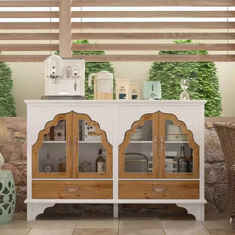 Famapy meuble d'appoint blanc à motif floral sculpté style européen, porte vitrée magnétique