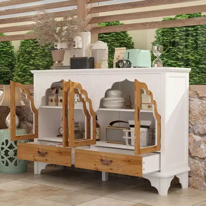 Famapy meuble d'appoint blanc à motif floral sculpté style européen, porte vitrée magnétique