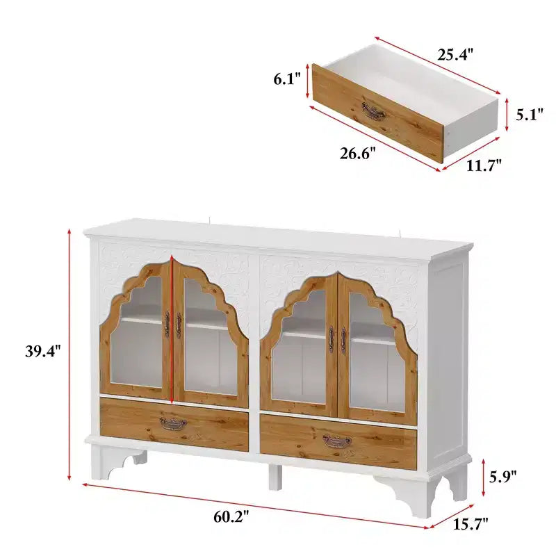 Famapy meuble d'appoint blanc à motif floral sculpté style européen, porte vitrée magnétique