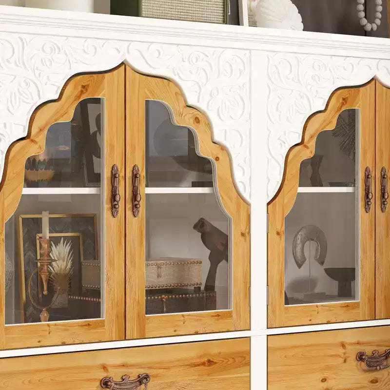 Famapy meuble d'appoint blanc à motif floral sculpté style européen, porte vitrée magnétique