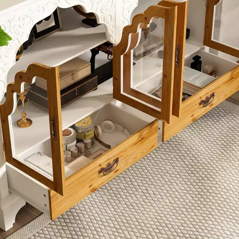 Famapy meuble d'appoint blanc à motif floral sculpté style européen, porte vitrée magnétique