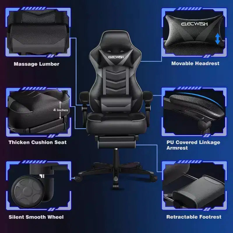 Chaise gaming ELECWISH avec repose-pieds, soutien lombaire, chaise d'ordinateur respirante avec coussin à ressorts ensachés, chaises pour adultes