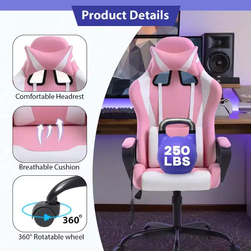 Chaise de jeu FDW Gaming Chaise de bureau massante confortable et élégante avec soutien lombaire réglable, pivotante à 360 degrés et roulettes silencieuses