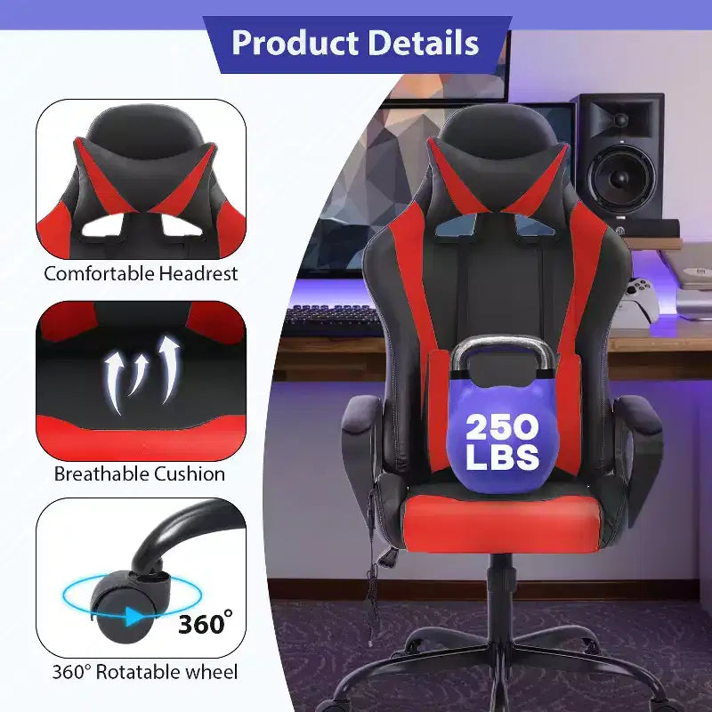 Chaise de jeu FDW Gaming Chaise de bureau massante confortable et élégante avec soutien lombaire réglable, pivotante à 360 degrés et roulettes silencieuses