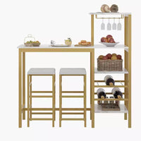 VECELO Ensemble de salle à manger 3 pièces hauteur comptoir avec table et chaises de bar pour 2, porte-gobelets et porte-bouteilles, tabourets en cuir PU, marron/doré