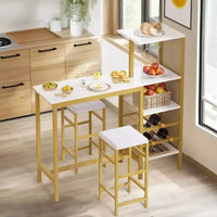VECELO Ensemble de salle à manger 3 pièces hauteur comptoir avec table et chaises de bar pour 2, porte-gobelets et porte-bouteilles, tabourets en cuir PU, marron/doré