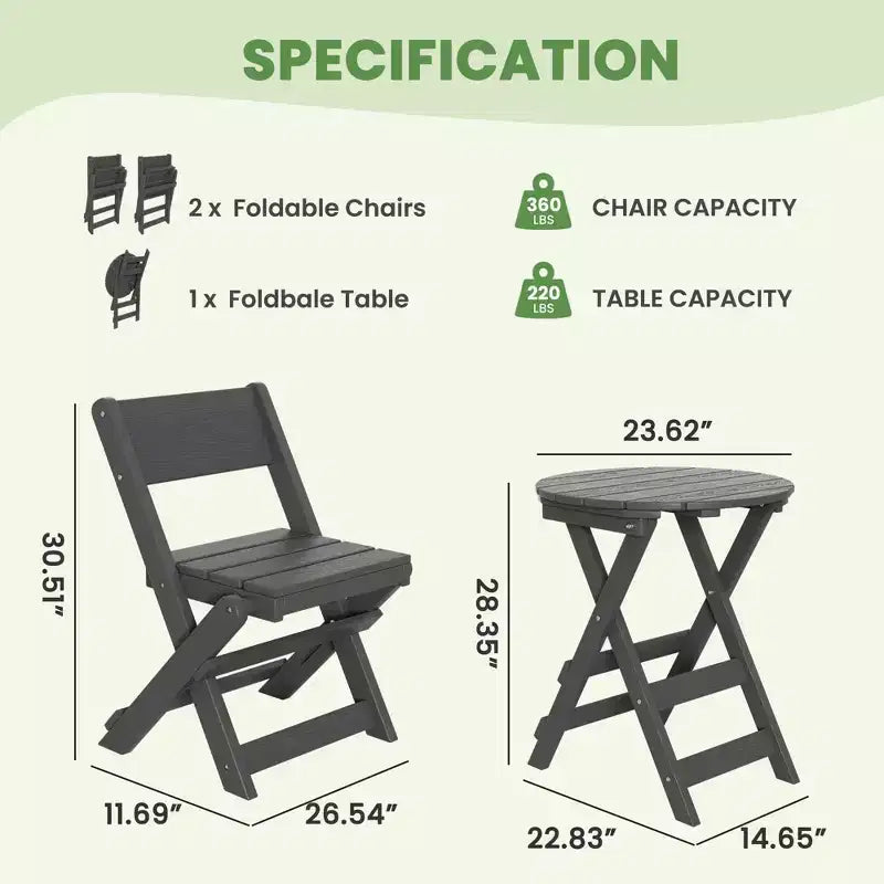 Hyleory Ensemble de Bistro de Patio 3 Pièces - Table et Chaises Pliantes avec Table Basse, Léger pour Balcon, Jardin, Appartement, Résistant aux Intempéries