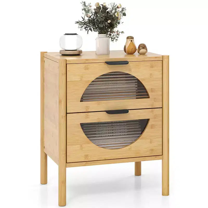 Costway Table de Chevet 1/2 PCS en Bambou avec 2 Tiroirs de Rangement et Façades en Verre Trempé Cannelé pour Chambre à Coucher