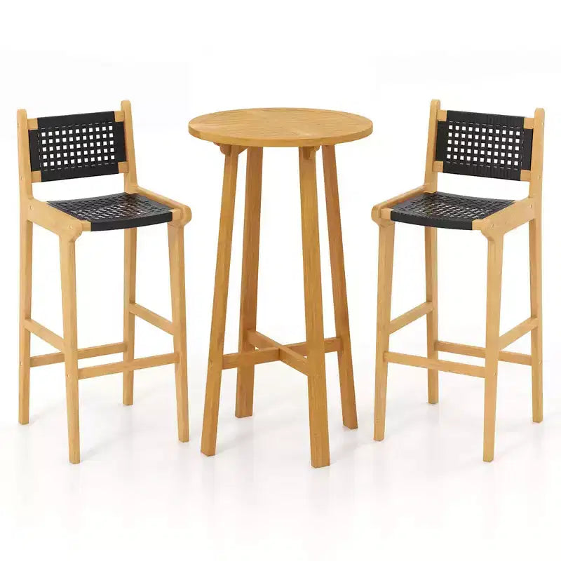 Ensemble de bar de terrasse Costway 3 pièces Table de cocktail ronde avec 2 tabourets de bar en rotin sans accoudoirs