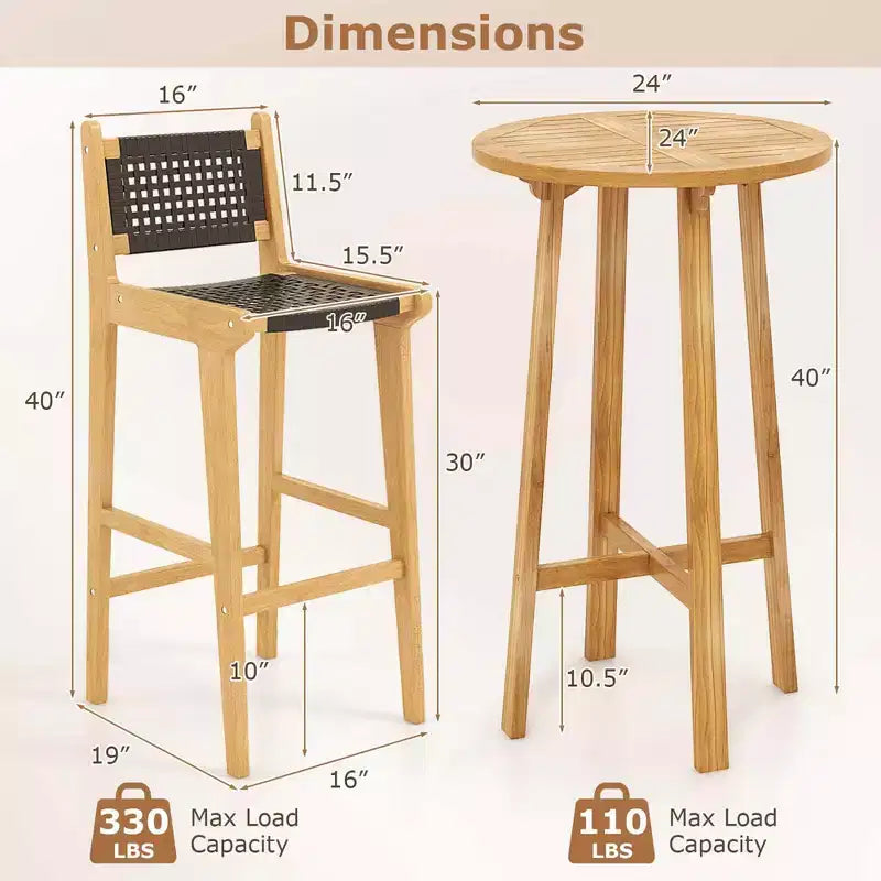 Ensemble de bar de terrasse Costway 3 pièces Table de cocktail ronde avec 2 tabourets de bar en rotin sans accoudoirs
