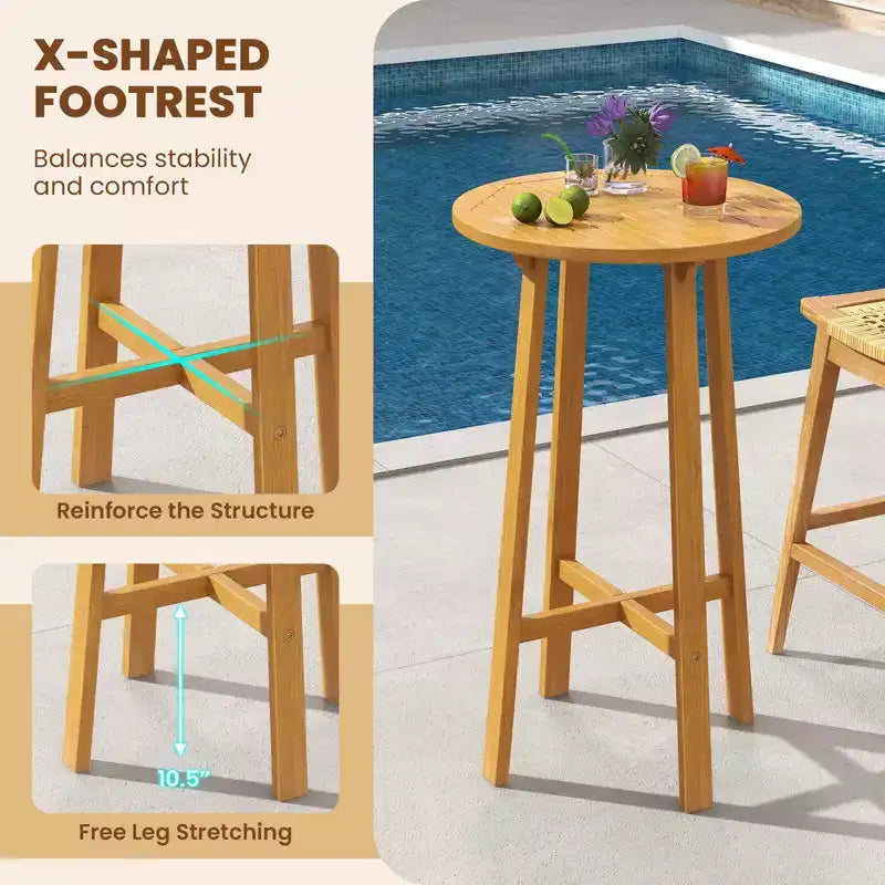Ensemble de bar de terrasse Costway 3 pièces Table de cocktail ronde avec 2 tabourets de bar en rotin sans accoudoirs