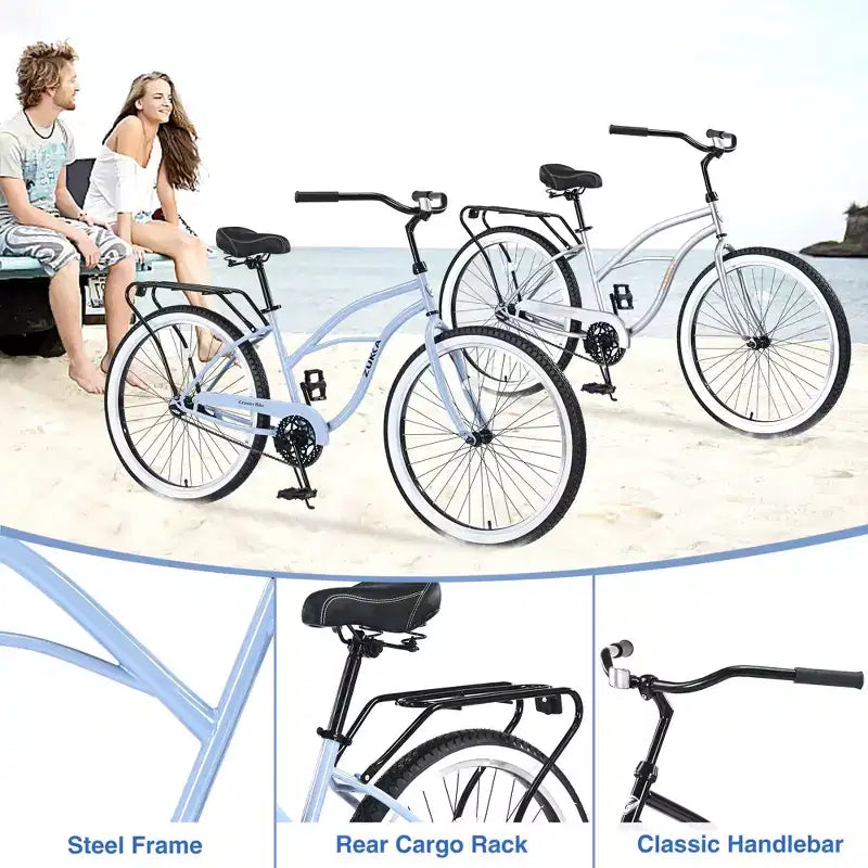 Vélo Single Speed en Acier 26 Pouces, Cadre en Acier, Roues Larges pour la Stabilité, Frein à Rétropédalage, Plusieurs Couleurs Vélo Cruiser de Plage Homme Femme