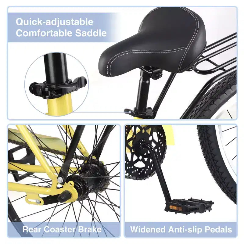 Vélo Single Speed en Acier 26 Pouces, Cadre en Acier, Roues Larges pour la Stabilité, Frein à Rétropédalage, Plusieurs Couleurs Vélo Cruiser de Plage Homme Femme
