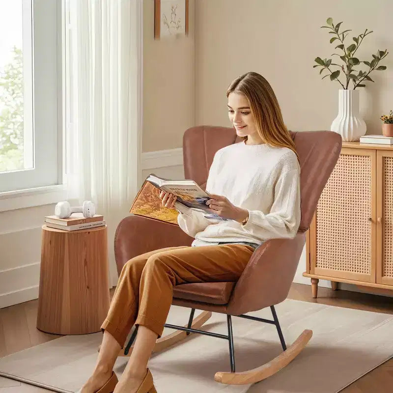 Fauteuil à bascule rembourré en similicuir/tissu peluche VECELO, fauteuil planeur moderne inclinable avec appuie-tête épais, assise rembourrée blanc/marron/rose