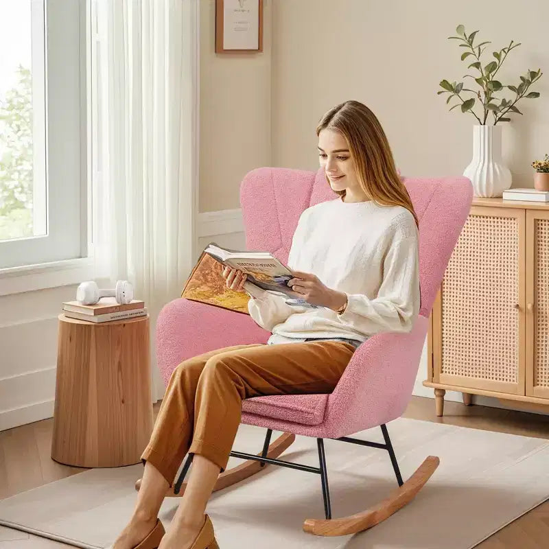 Fauteuil à bascule rembourré en similicuir/tissu peluche VECELO, fauteuil planeur moderne inclinable avec appuie-tête épais, assise rembourrée blanc/marron/rose