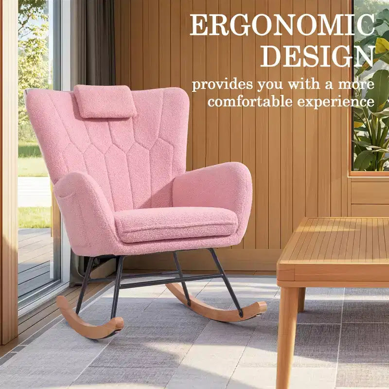 Fauteuil à bascule rembourré en similicuir/tissu peluche VECELO, fauteuil planeur moderne inclinable avec appuie-tête épais, assise rembourrée blanc/marron/rose