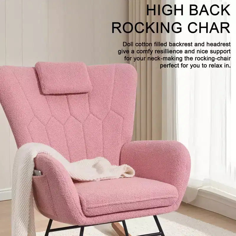Fauteuil à bascule rembourré en similicuir/tissu peluche VECELO, fauteuil planeur moderne inclinable avec appuie-tête épais, assise rembourrée blanc/marron/rose