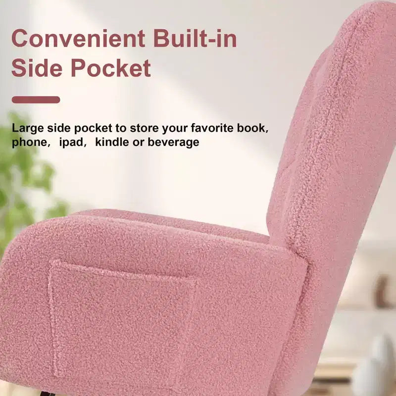 Fauteuil à bascule rembourré en similicuir/tissu peluche VECELO, fauteuil planeur moderne inclinable avec appuie-tête épais, assise rembourrée blanc/marron/rose