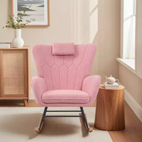 Fauteuil à bascule rembourré en similicuir/tissu peluche VECELO, fauteuil planeur moderne inclinable avec appuie-tête épais, assise rembourrée blanc/marron/rose