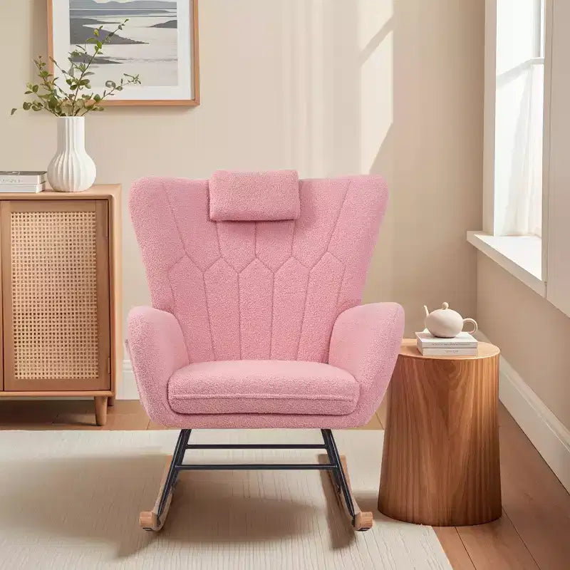 Fauteuil à bascule rembourré en similicuir/tissu peluche VECELO, fauteuil planeur moderne inclinable avec appuie-tête épais, assise rembourrée blanc/marron/rose