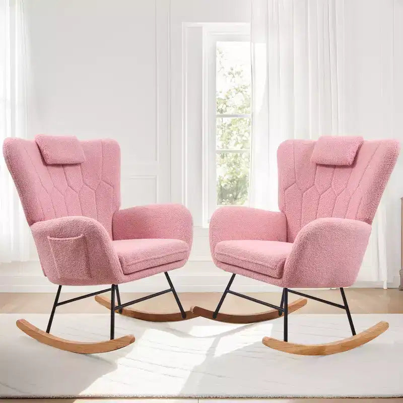 Fauteuil à bascule rembourré en similicuir/tissu peluche VECELO, fauteuil planeur moderne inclinable avec appuie-tête épais, assise rembourrée blanc/marron/rose